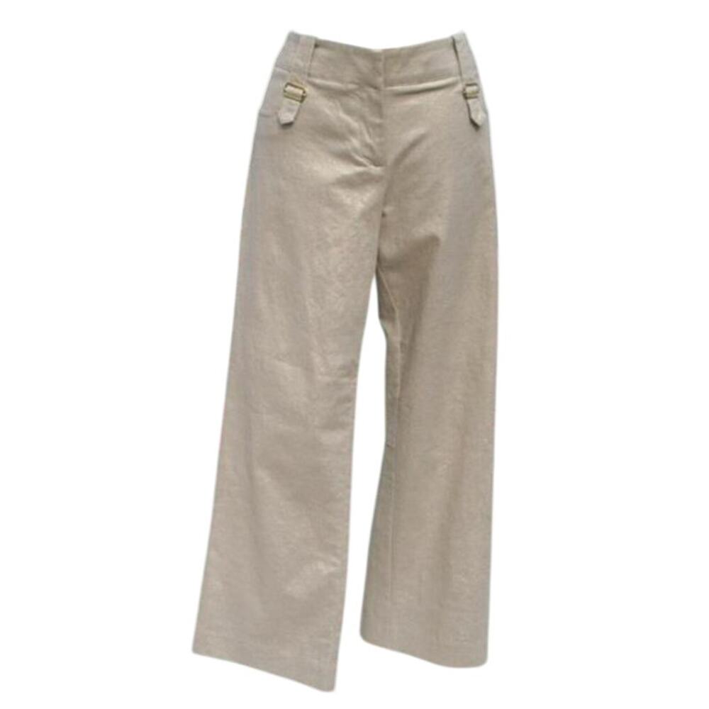 Cache Gold Metallic Linen Stretch Crop Pant Self Belt Back Tab Front NWT $128